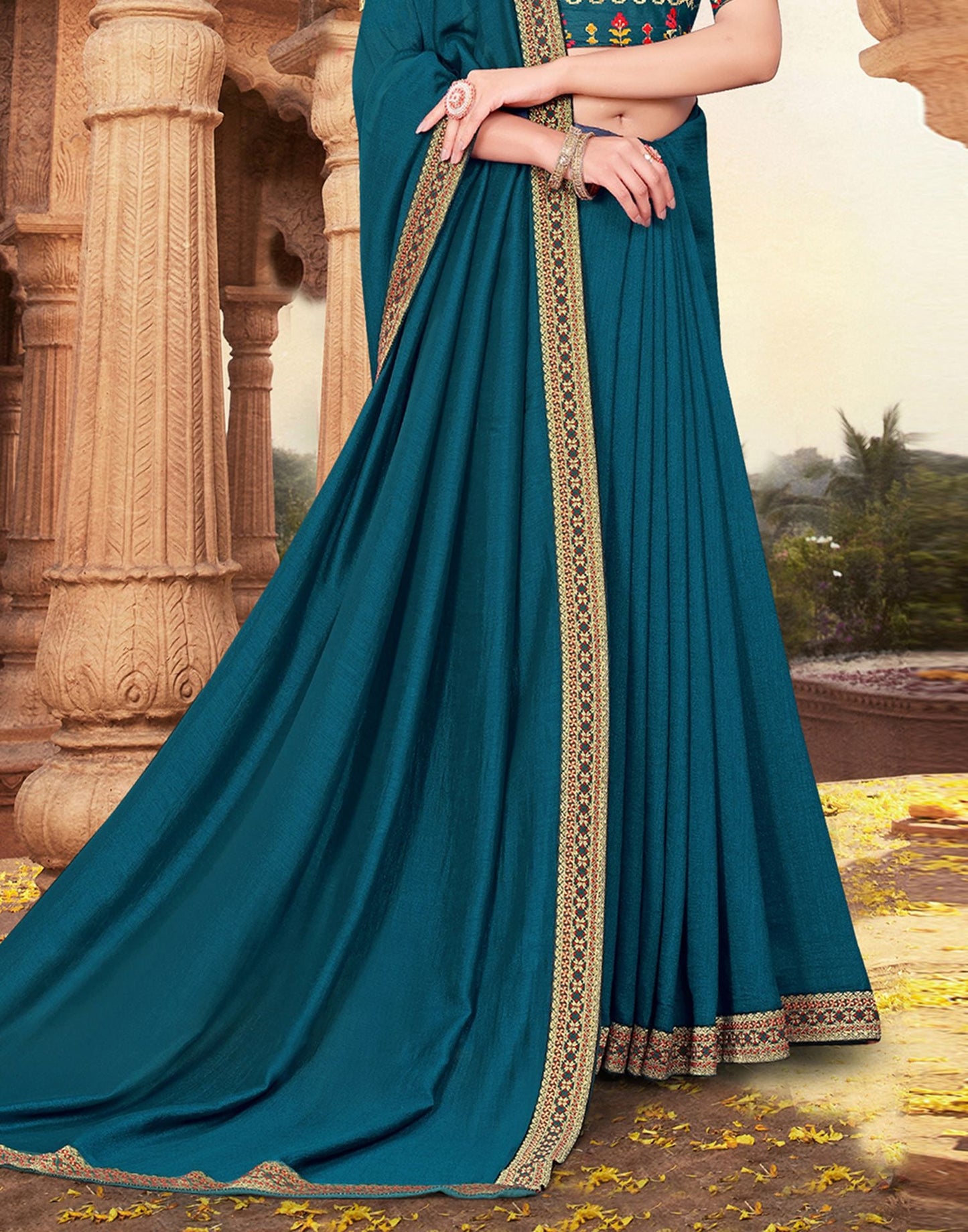 Sea Blue Plain Silk Saree