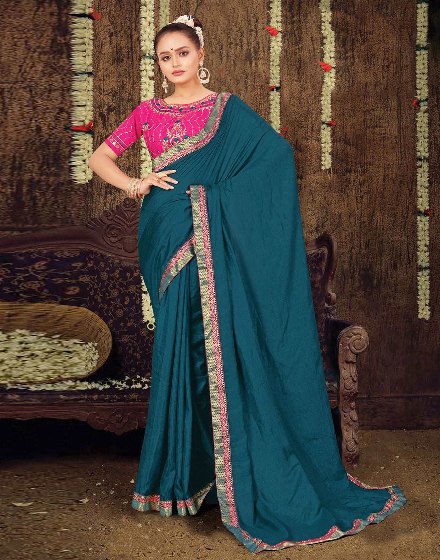 Dark Teal Blue Plain Silk Saree