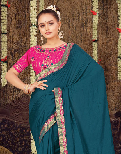Dark Teal Blue Plain Silk Saree