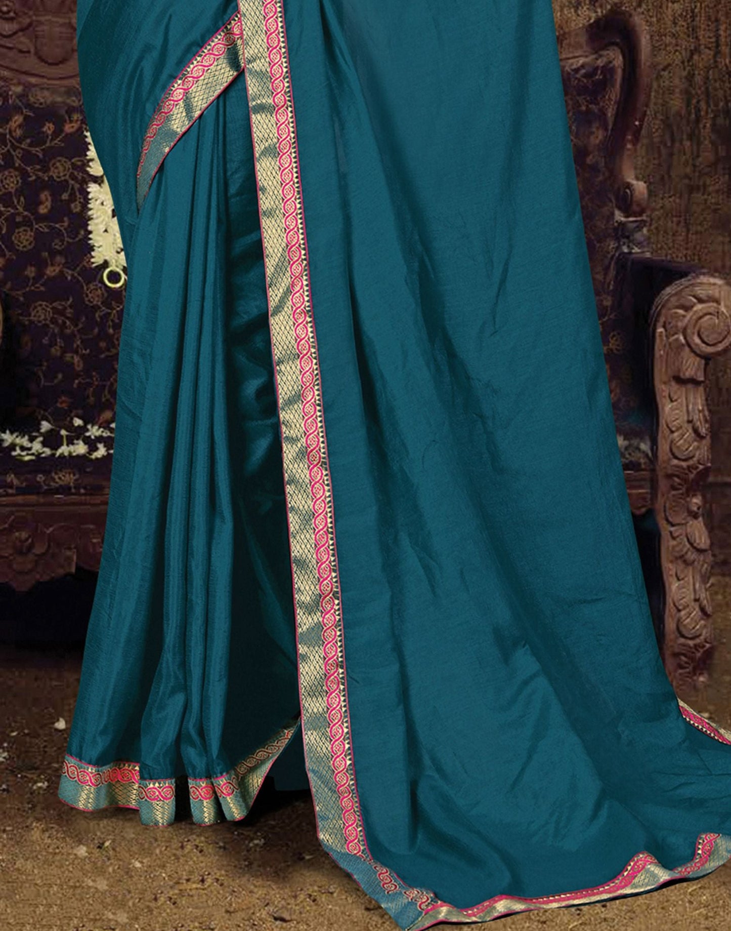 Dark Teal Blue Plain Silk Saree