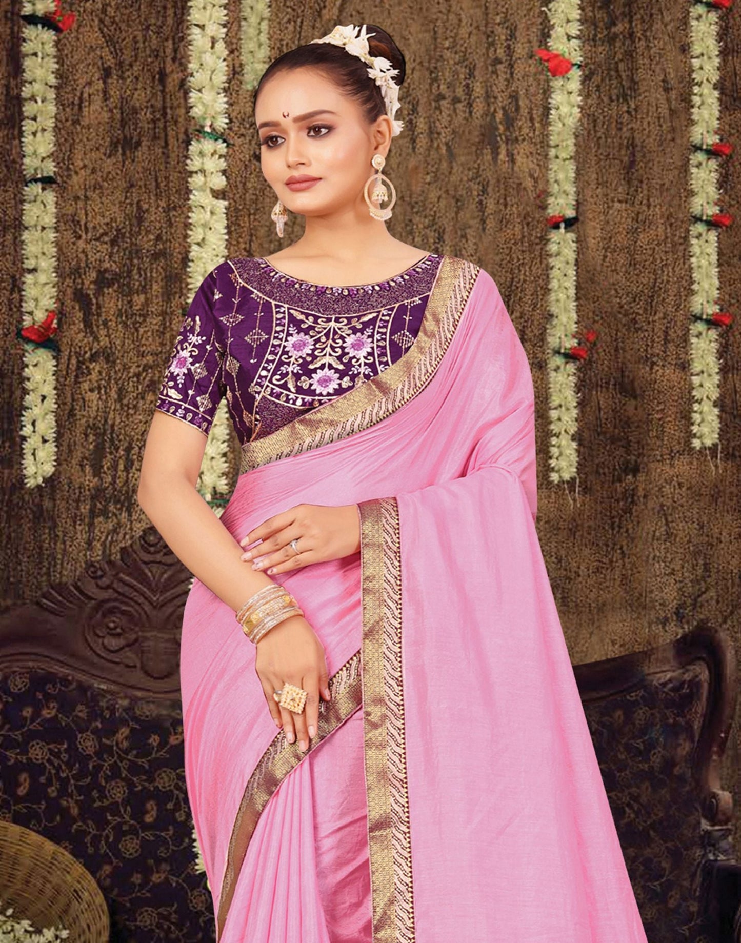 Light Pink Plain Silk Saree