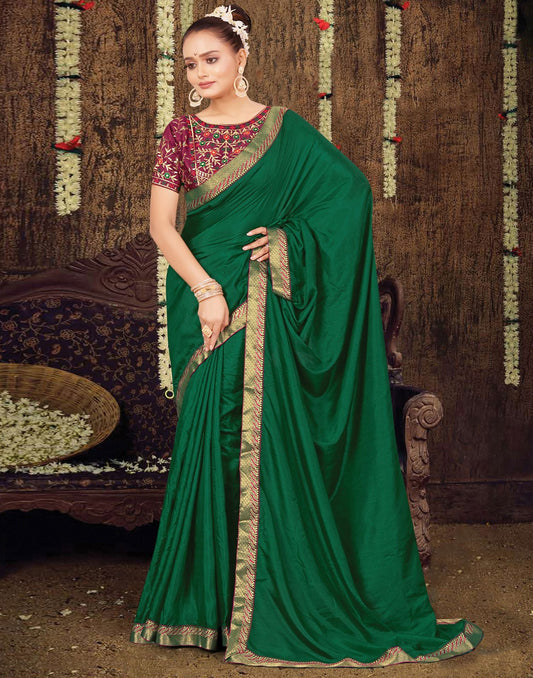 Green Plain Silk Saree