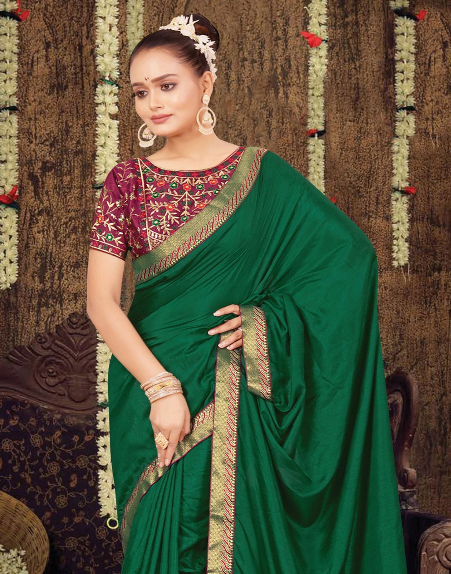 Green Plain Silk Saree