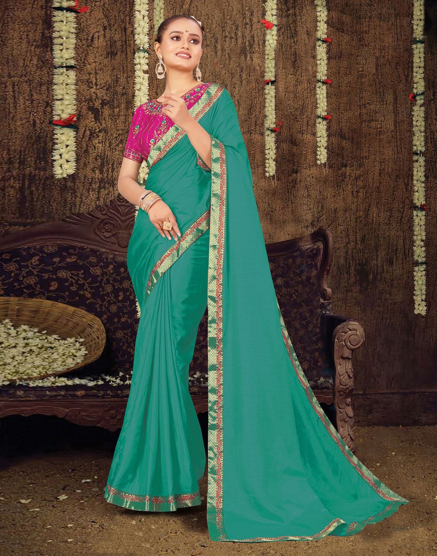 Turquoise Plain Silk Saree