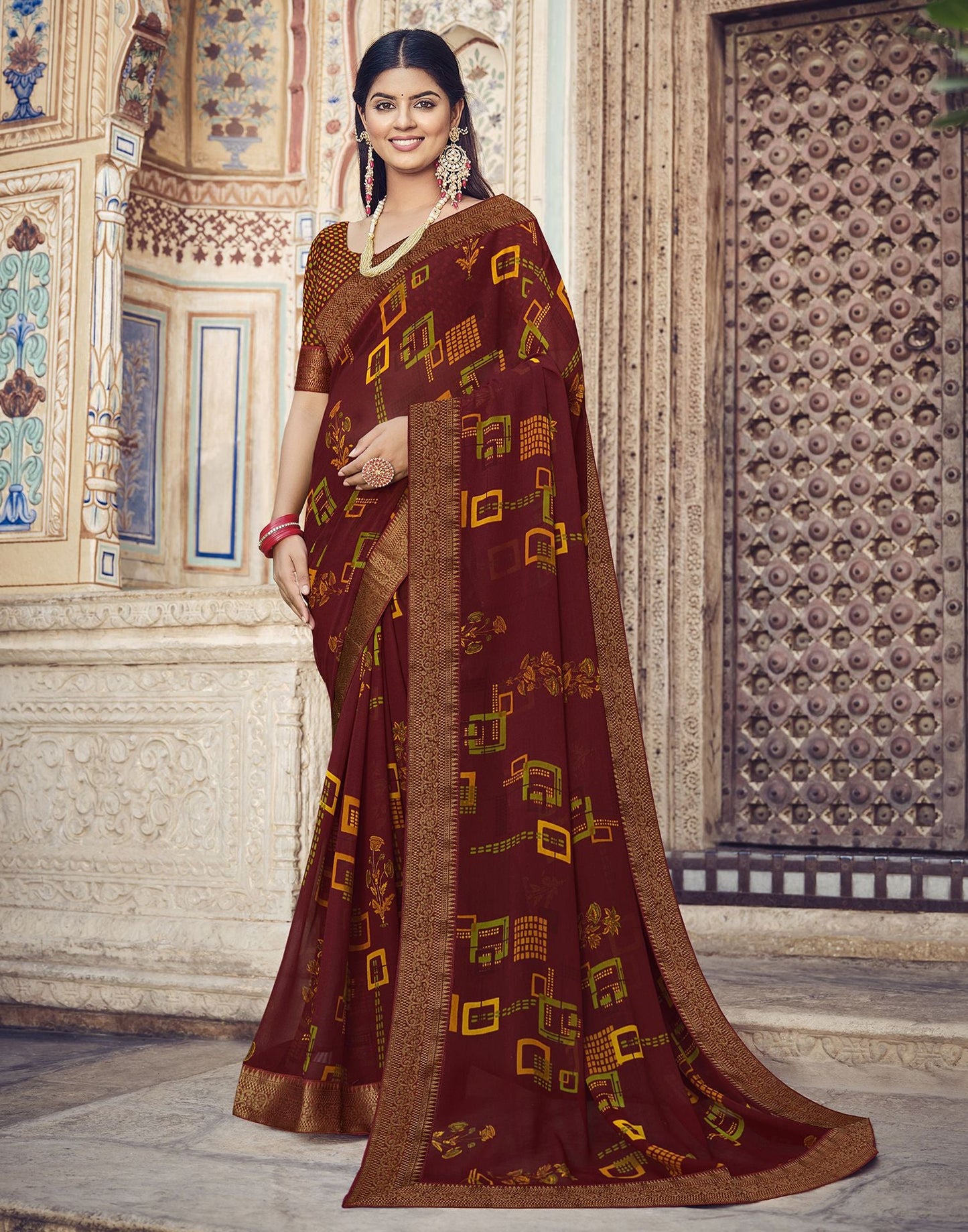 Maroon Printed Georgette Saree