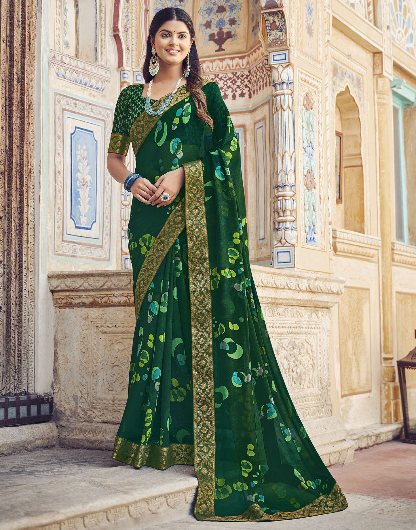 Green Printed Georgette Saree
