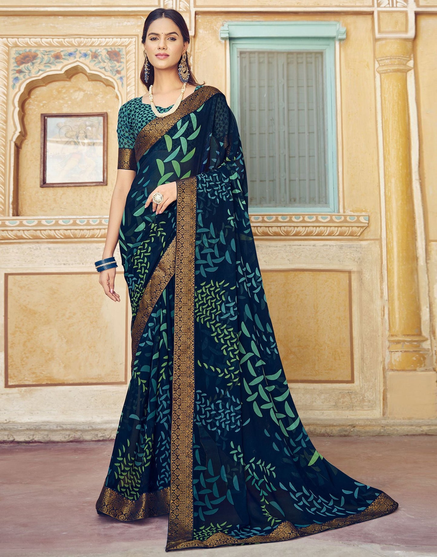 Navy Blue Printed Georgette Saree