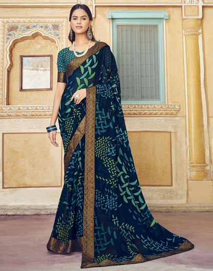 Navy Blue Printed Georgette Saree