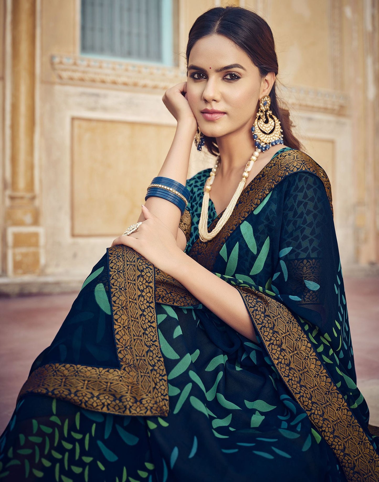 Navy Blue Printed Georgette Saree