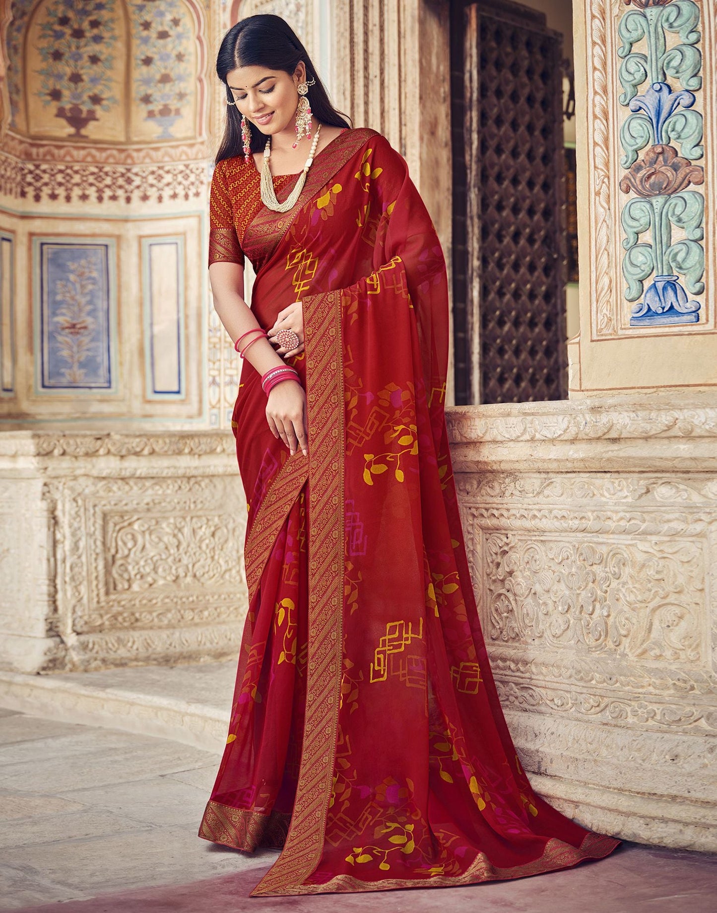Red Printed Georgette Saree