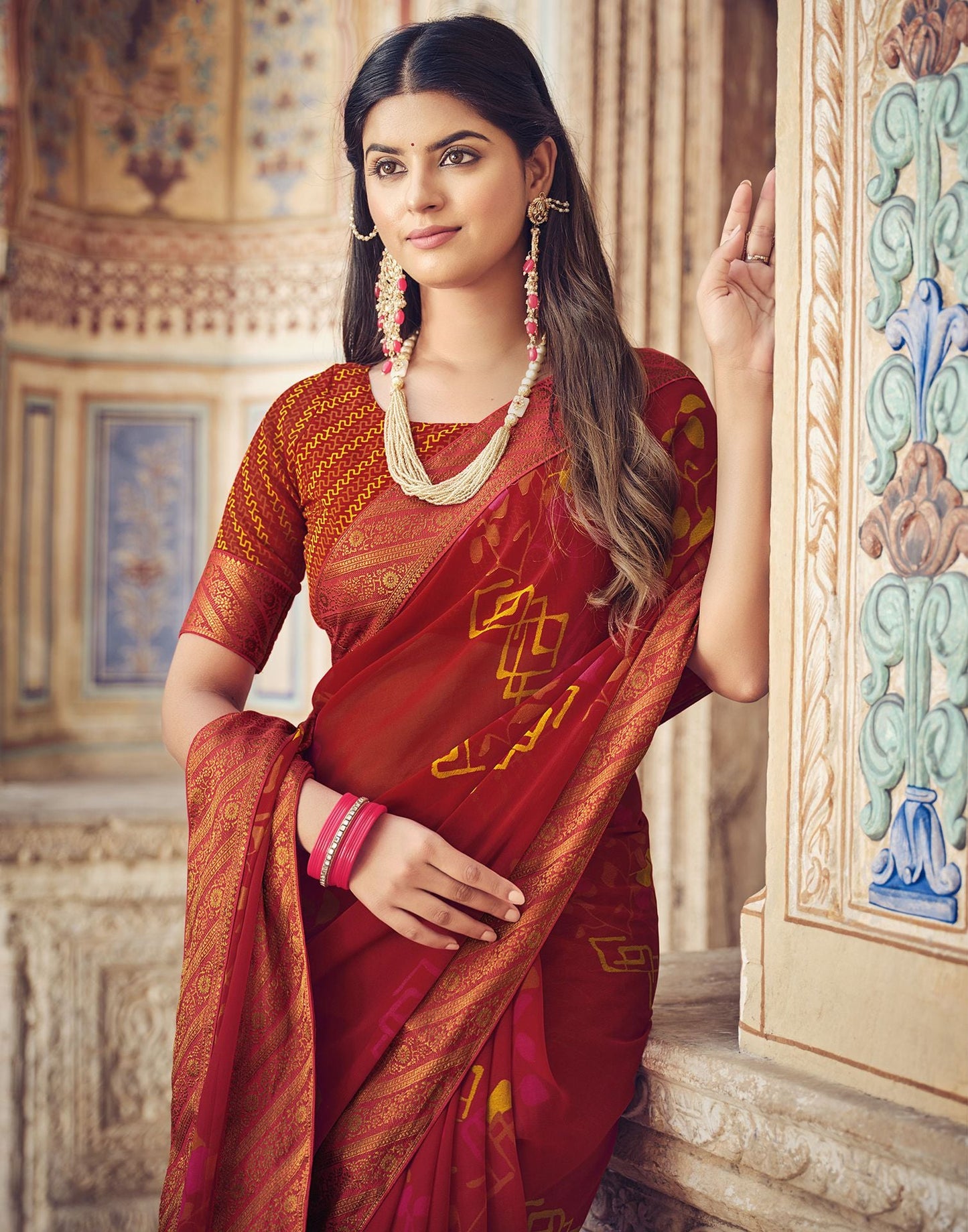 Red Printed Georgette Saree