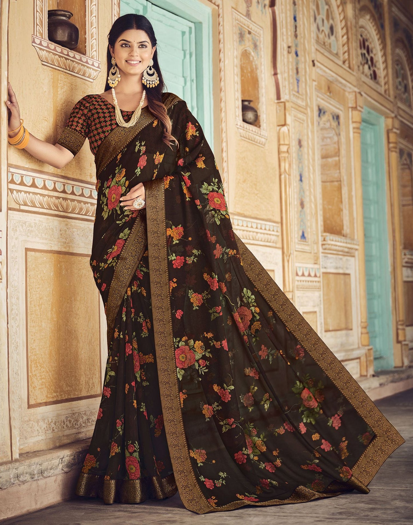 Brown Printed Georgette Saree