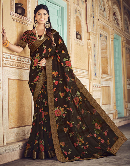 Brown Printed Georgette Saree