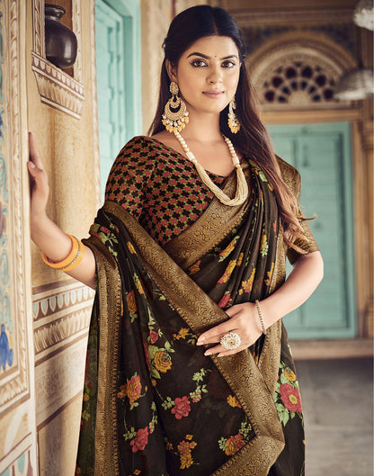 Brown Printed Georgette Saree