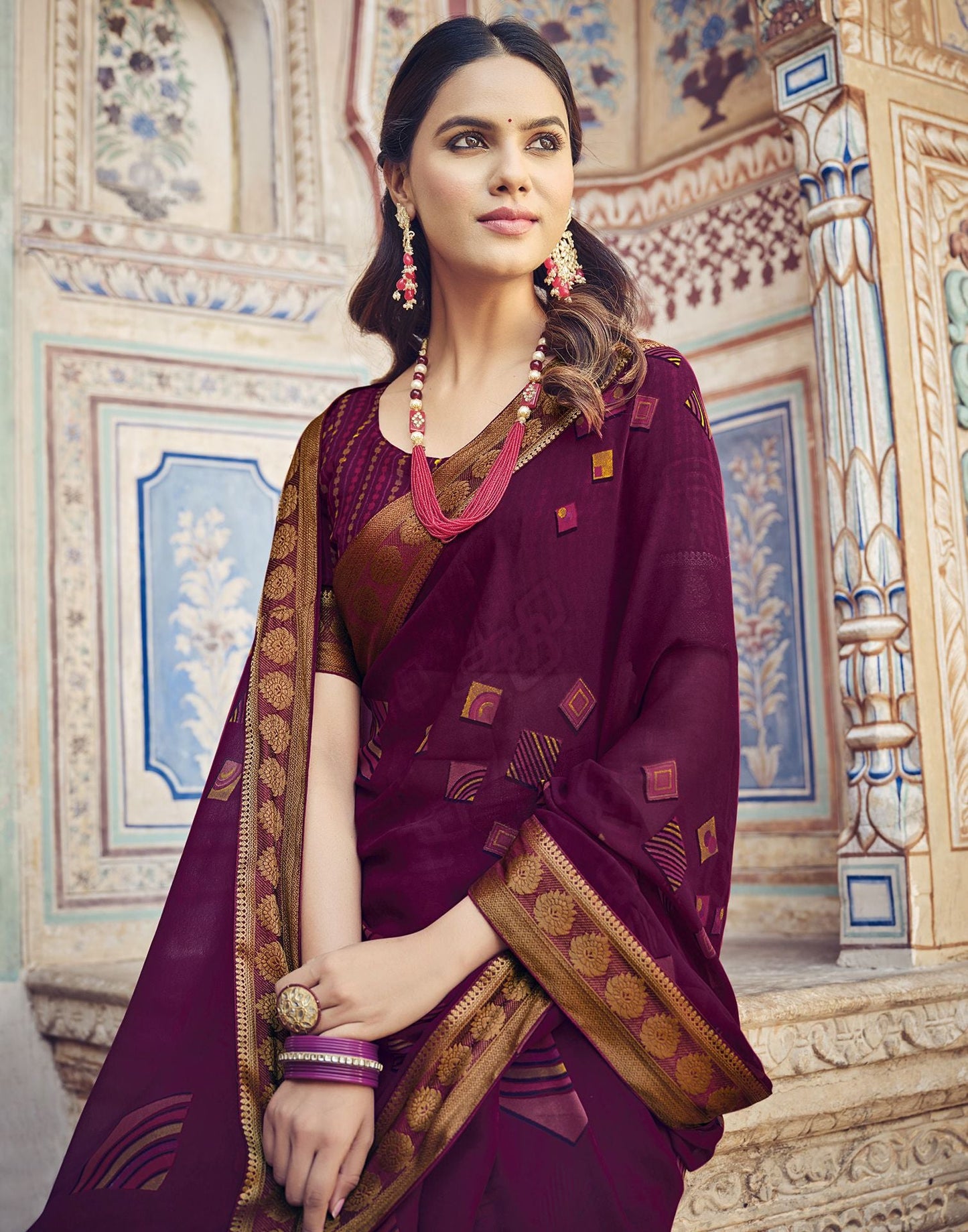 Purple Printed Georgette Saree