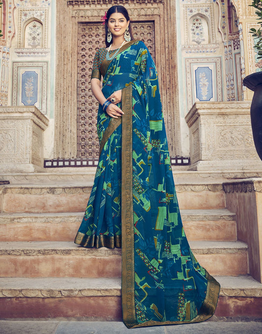 Blue Printed Georgette Saree