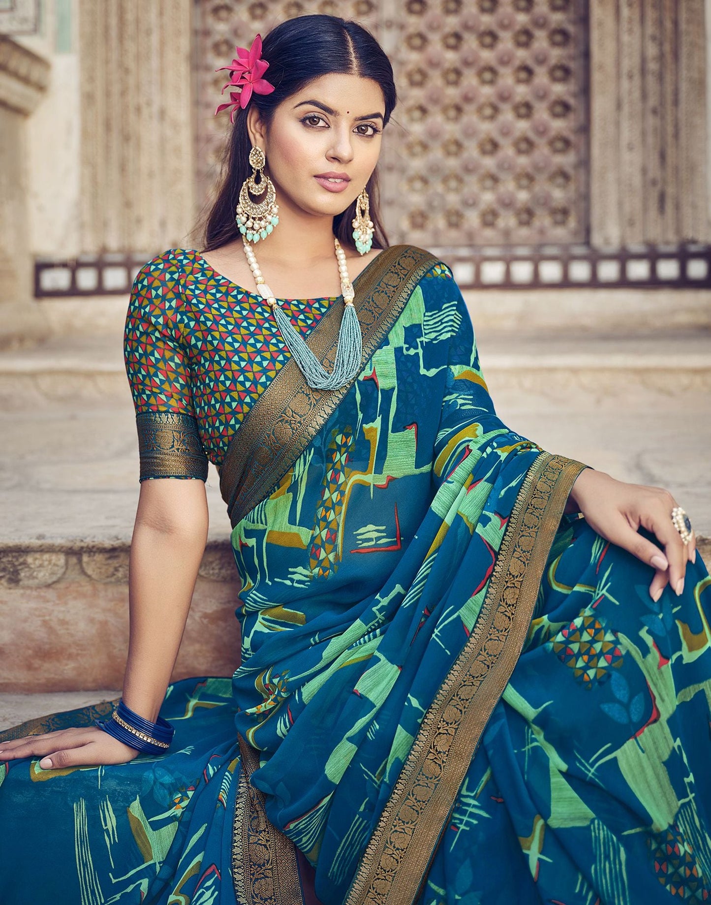 Blue Printed Georgette Saree