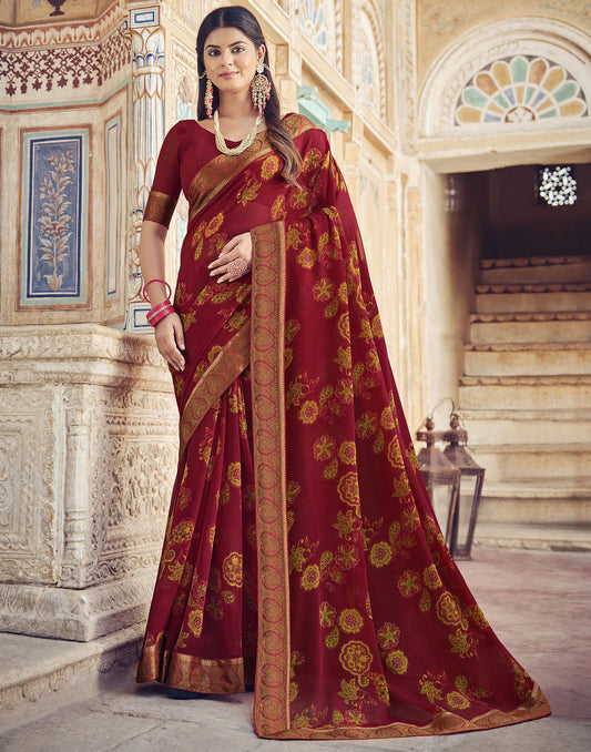 Dark Red Printed Georgette Saree