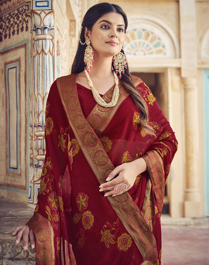 Dark Red Printed Georgette Saree
