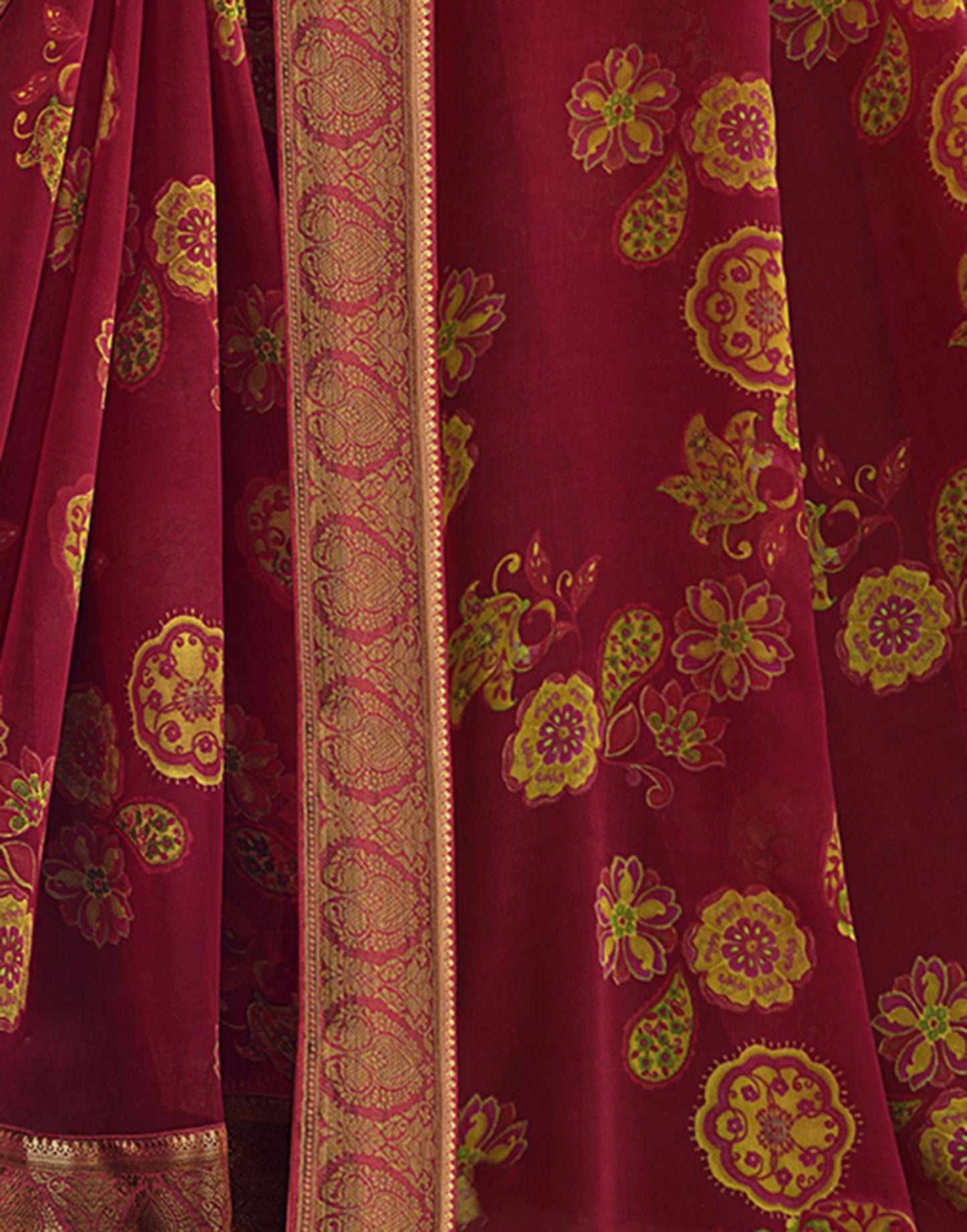 Dark Red Printed Georgette Saree