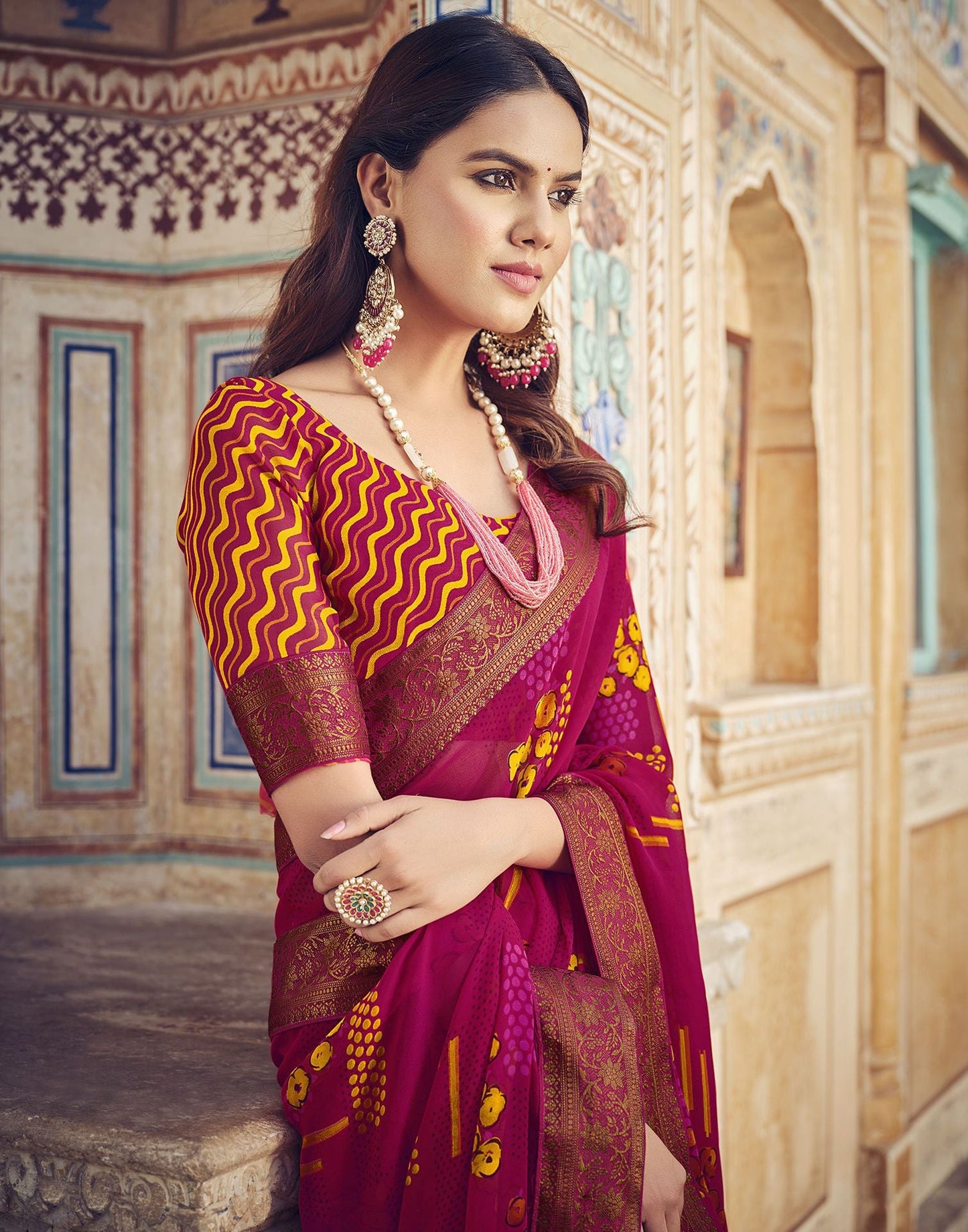 Dark Pink Printed Georgette Saree