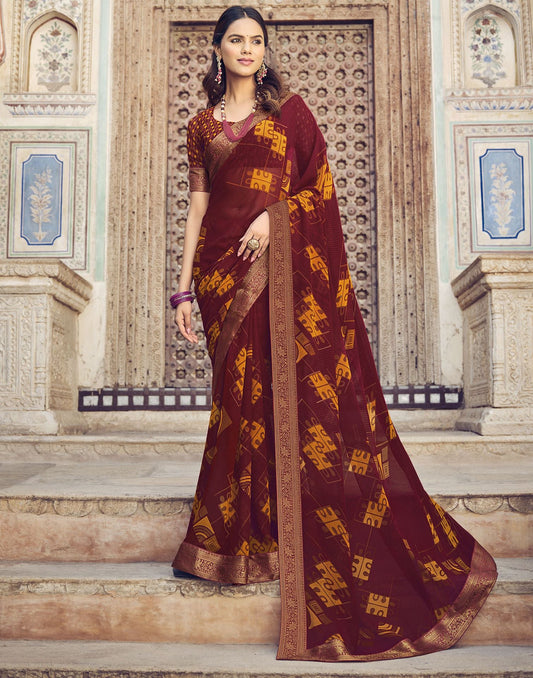 Wine Printed Georgette Saree