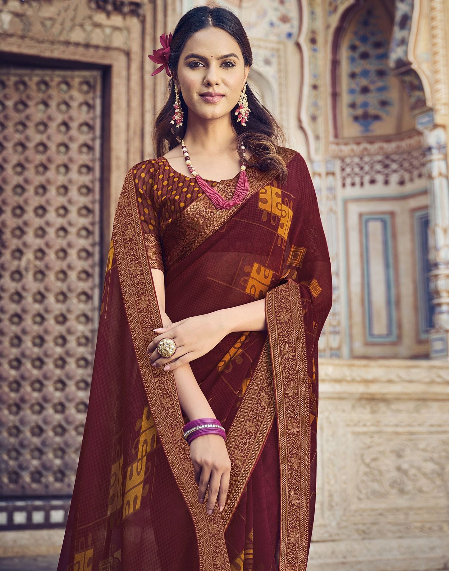 Wine Printed Georgette Saree