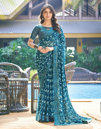 Dark Teal Blue Printed Georgette Saree