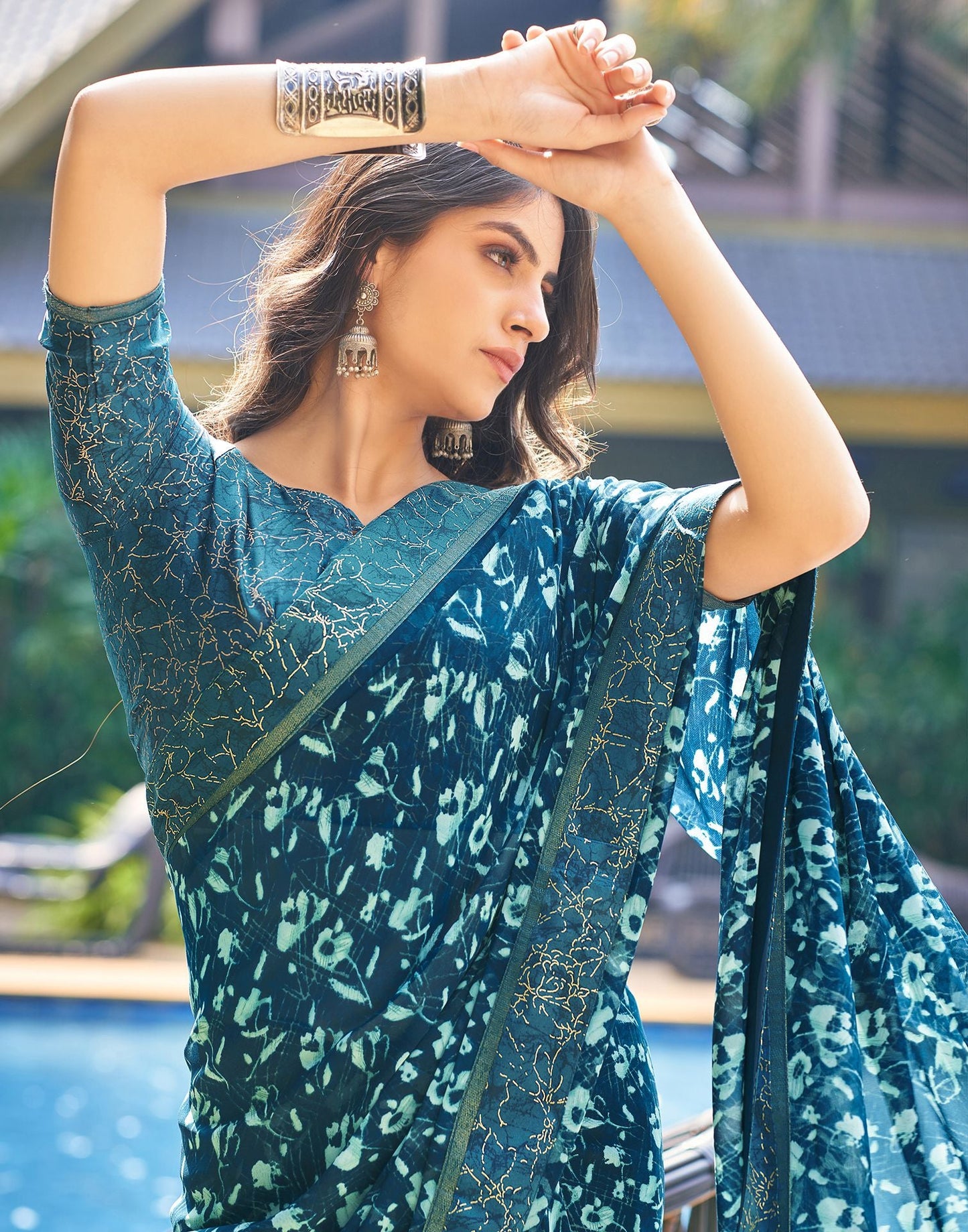 Dark Teal Blue Printed Georgette Saree