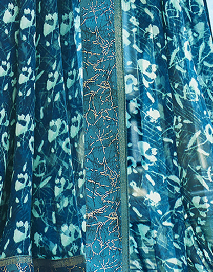 Dark Teal Blue Printed Georgette Saree