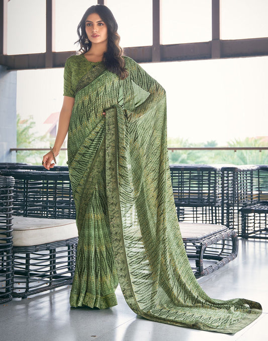 Olive Green Printed Georgette Saree