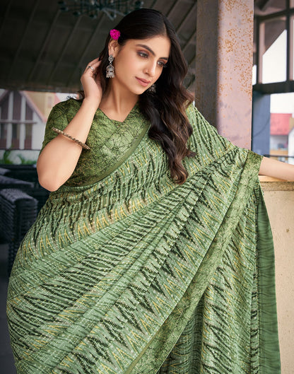 Olive Green Printed Georgette Saree