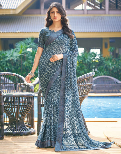 Dusty Dark Blue Printed Georgette Saree