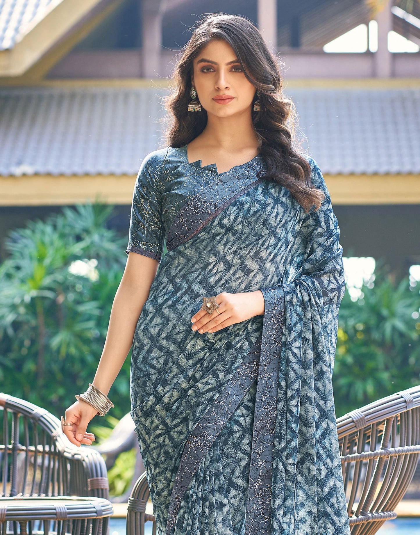 Dusty Dark Blue Printed Georgette Saree