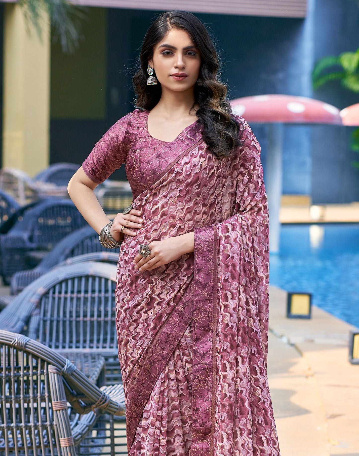 Dusty Wine Printed Georgette Saree