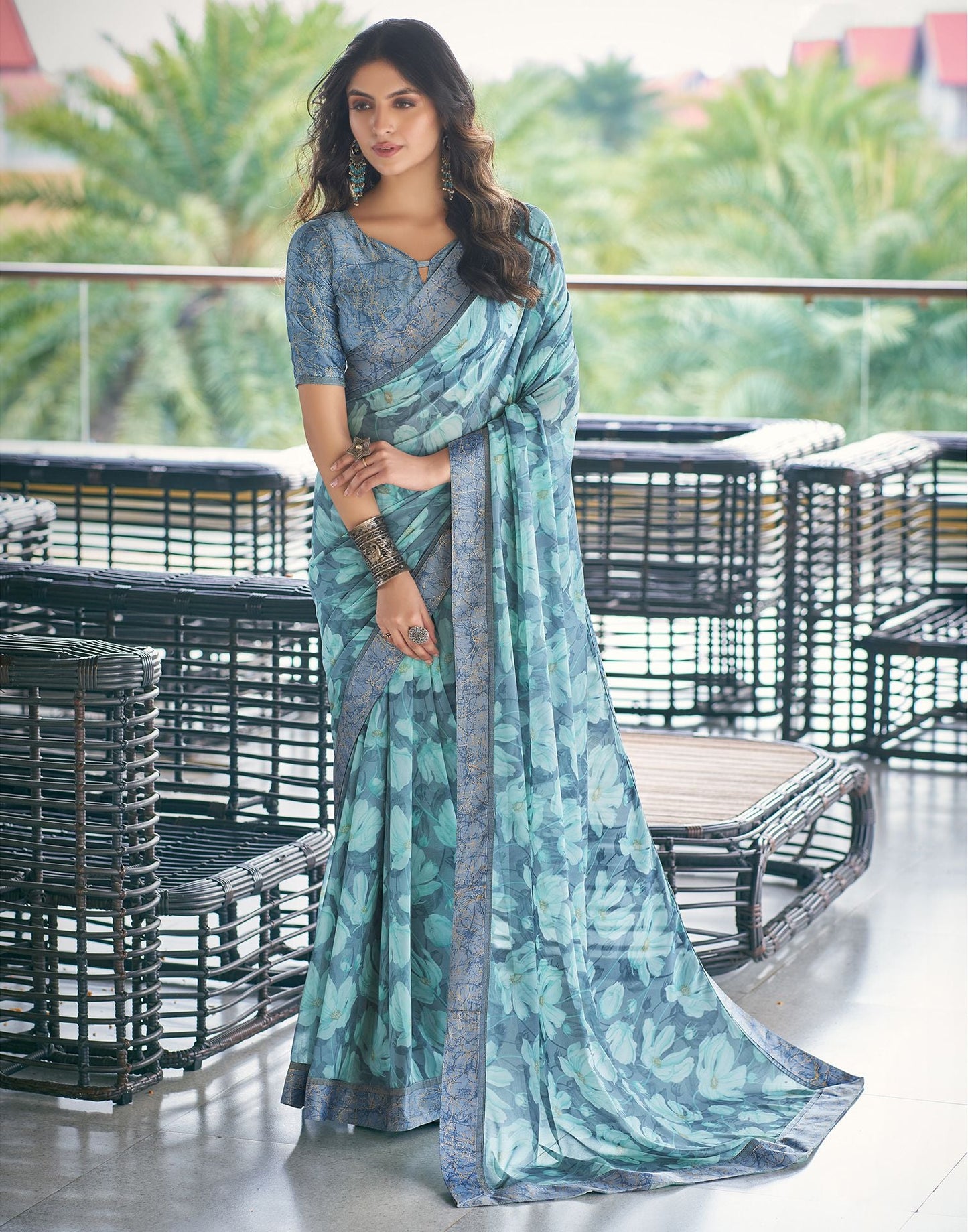Dusty Blue Printed Georgette Saree