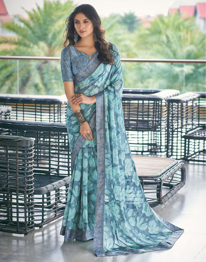 Dusty Blue Printed Georgette Saree