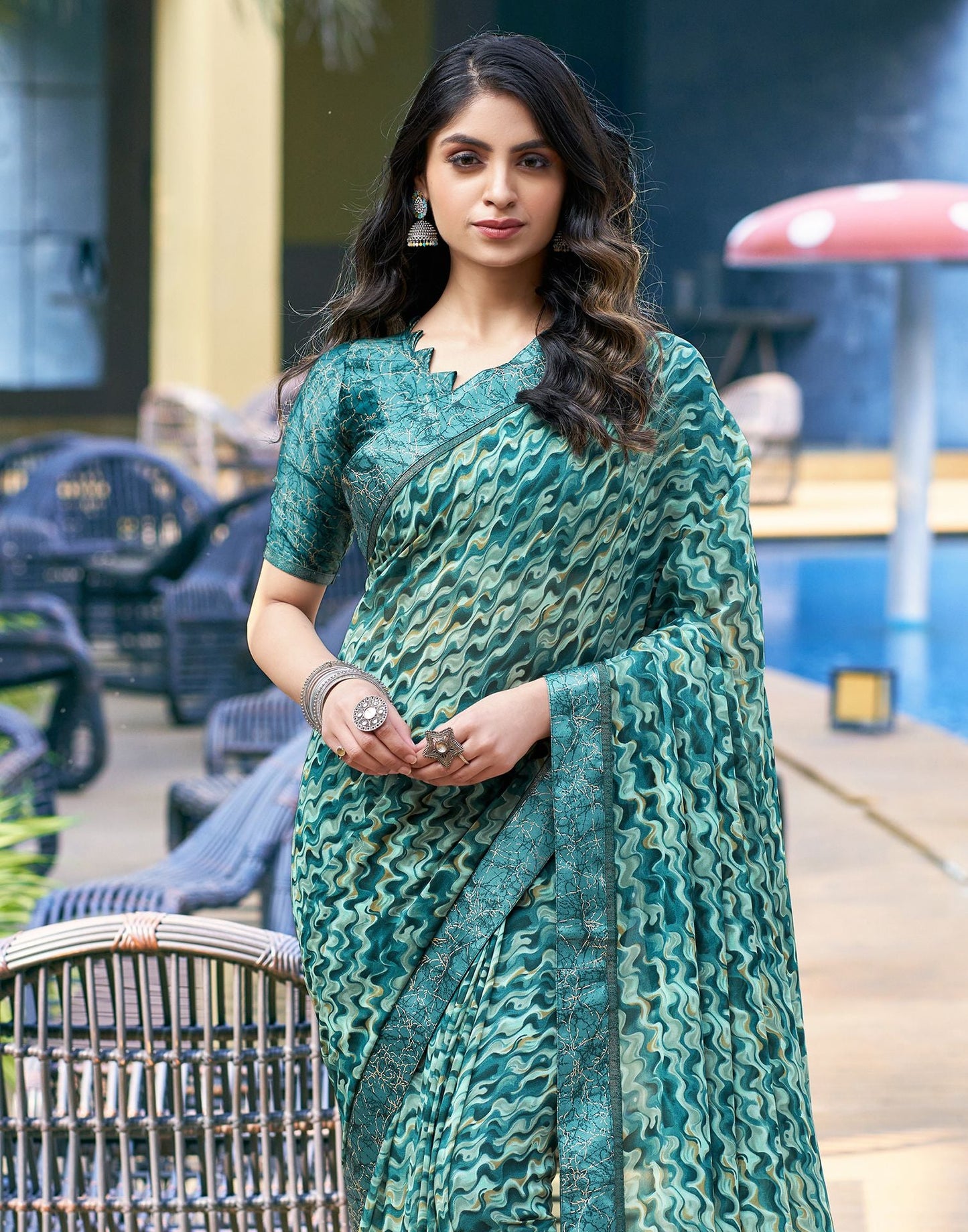 Dark Teal Printed Georgette Saree
