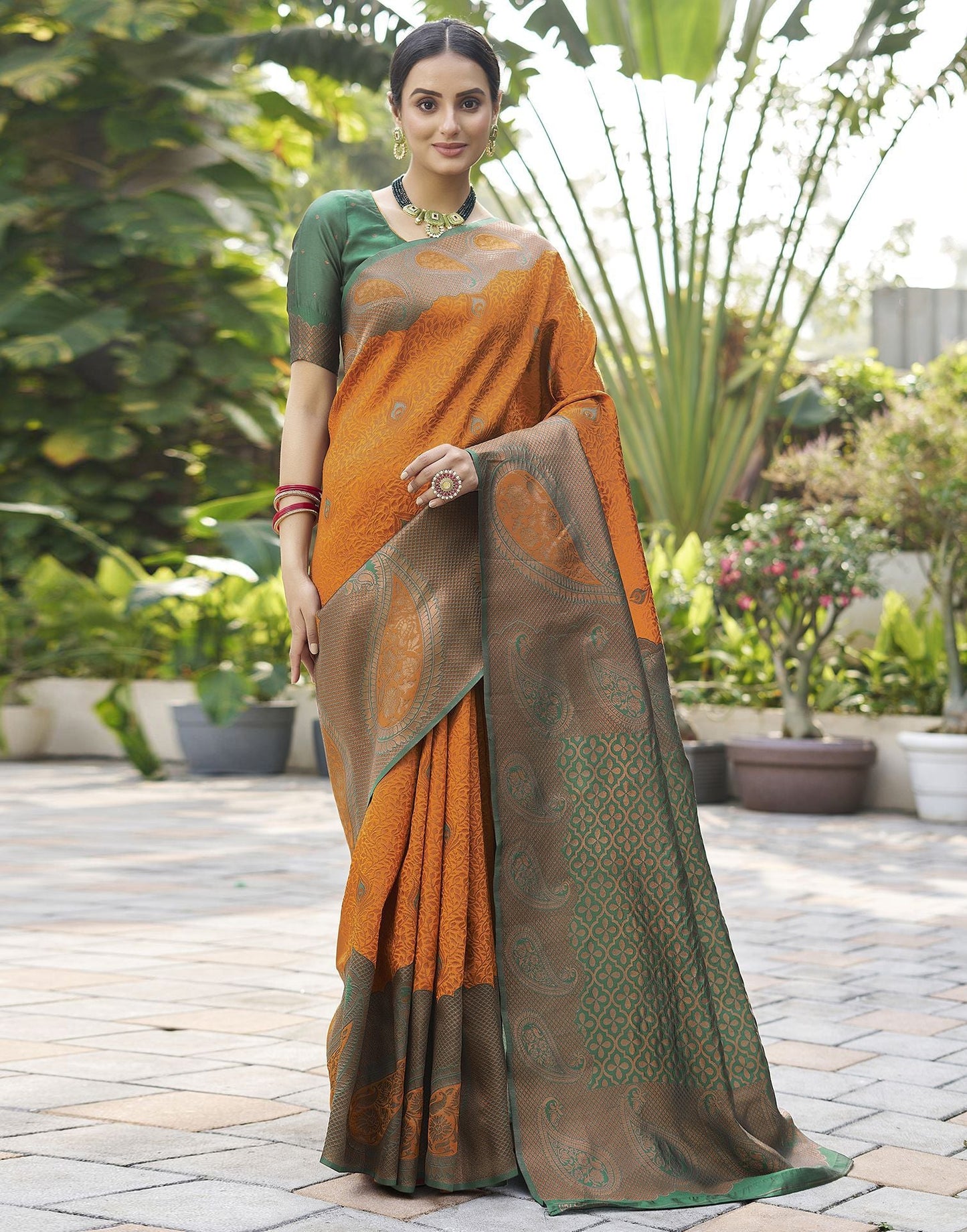 Rust Orange Jacquard Silk Saree