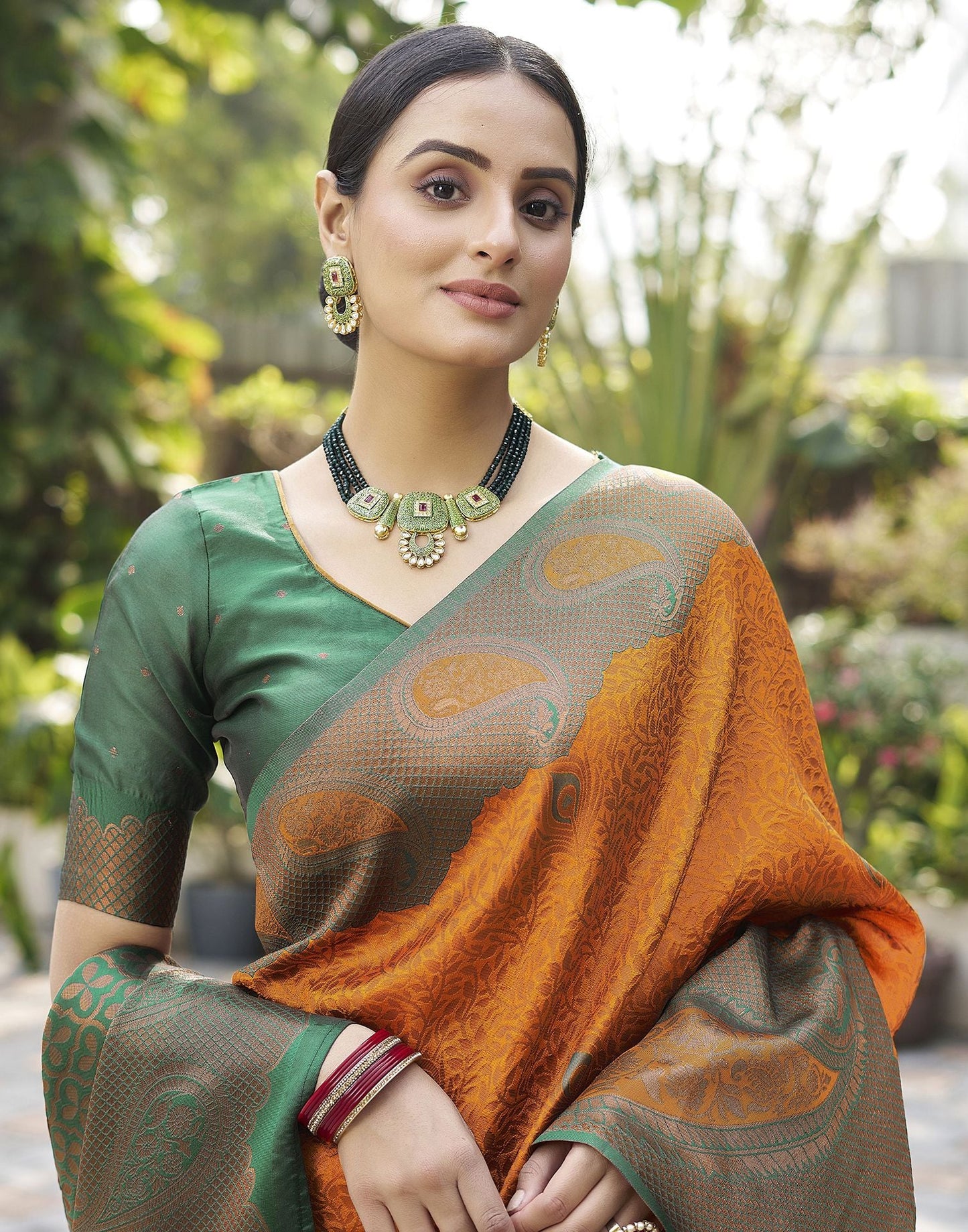 Rust Orange Jacquard Silk Saree