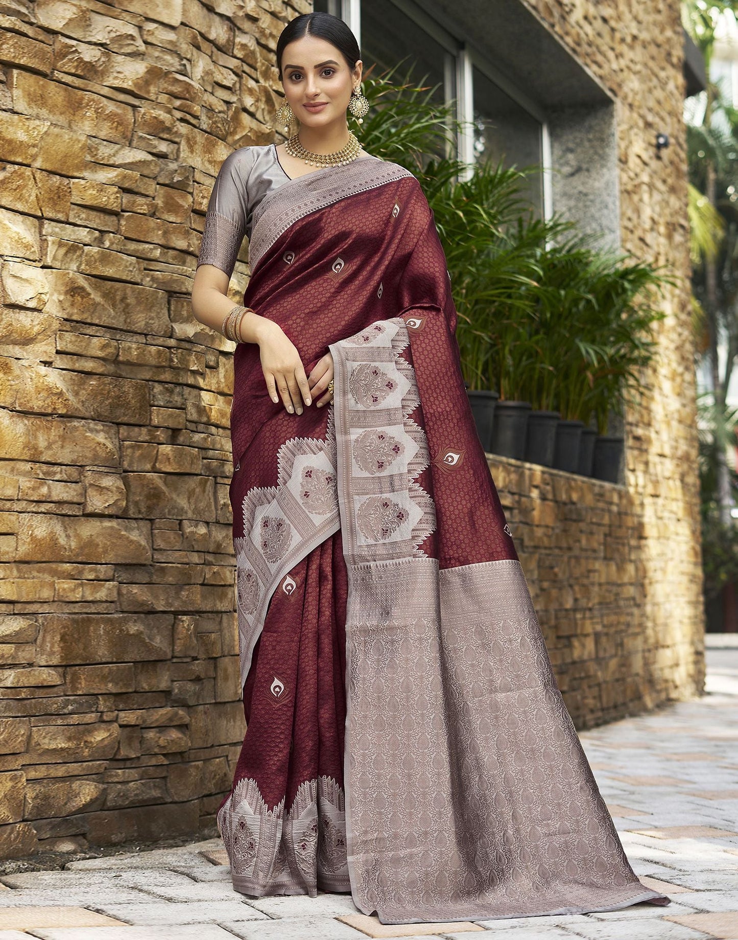 Light Grey & Brown Jacquard Silk Saree
