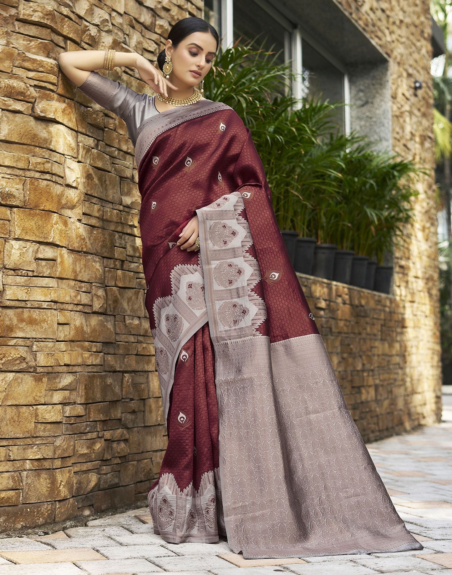 Light Grey & Brown Jacquard Silk Saree
