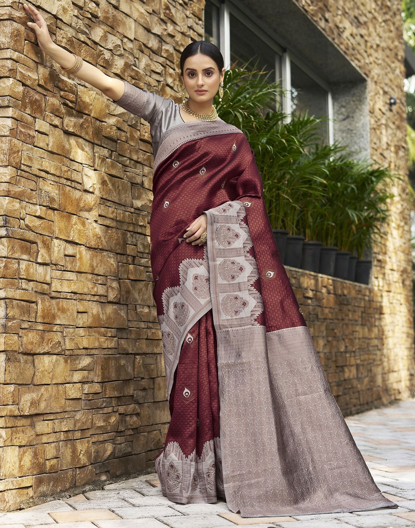 Light Grey & Brown Jacquard Silk Saree