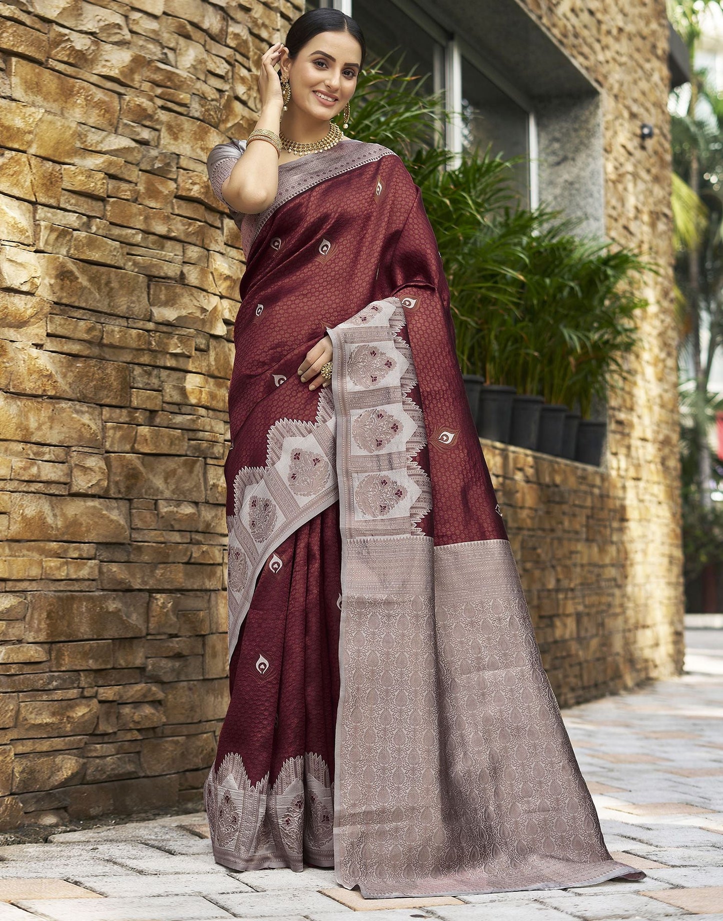 Light Grey & Brown Jacquard Silk Saree