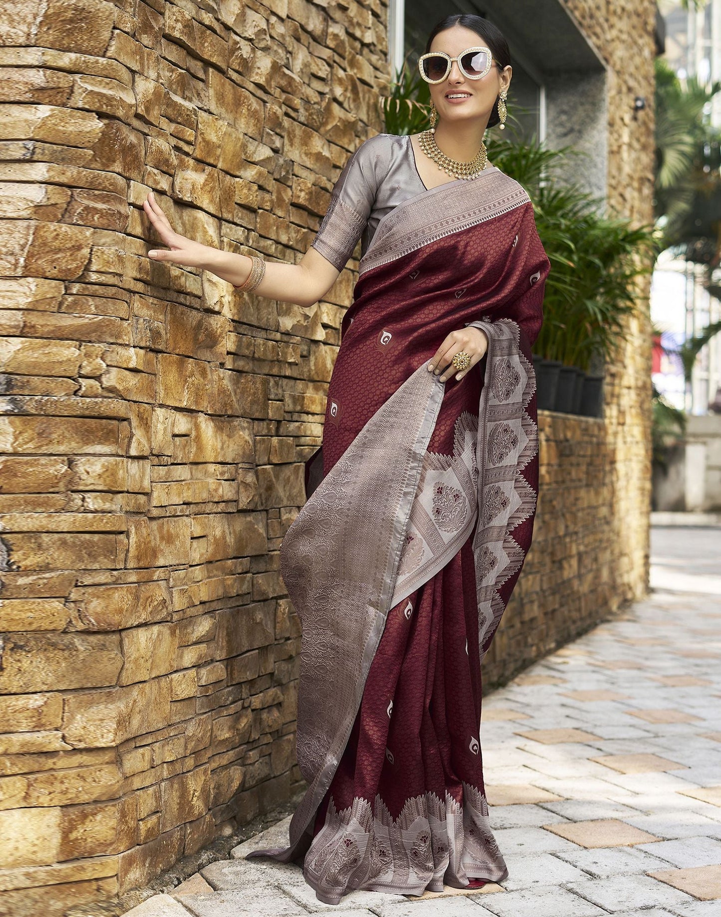 Light Grey & Brown Jacquard Silk Saree