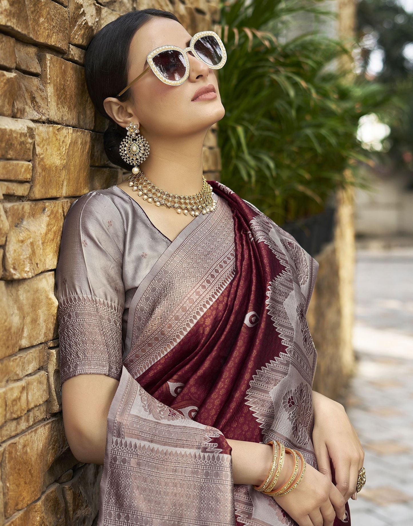 Light Grey & Brown Jacquard Silk Saree