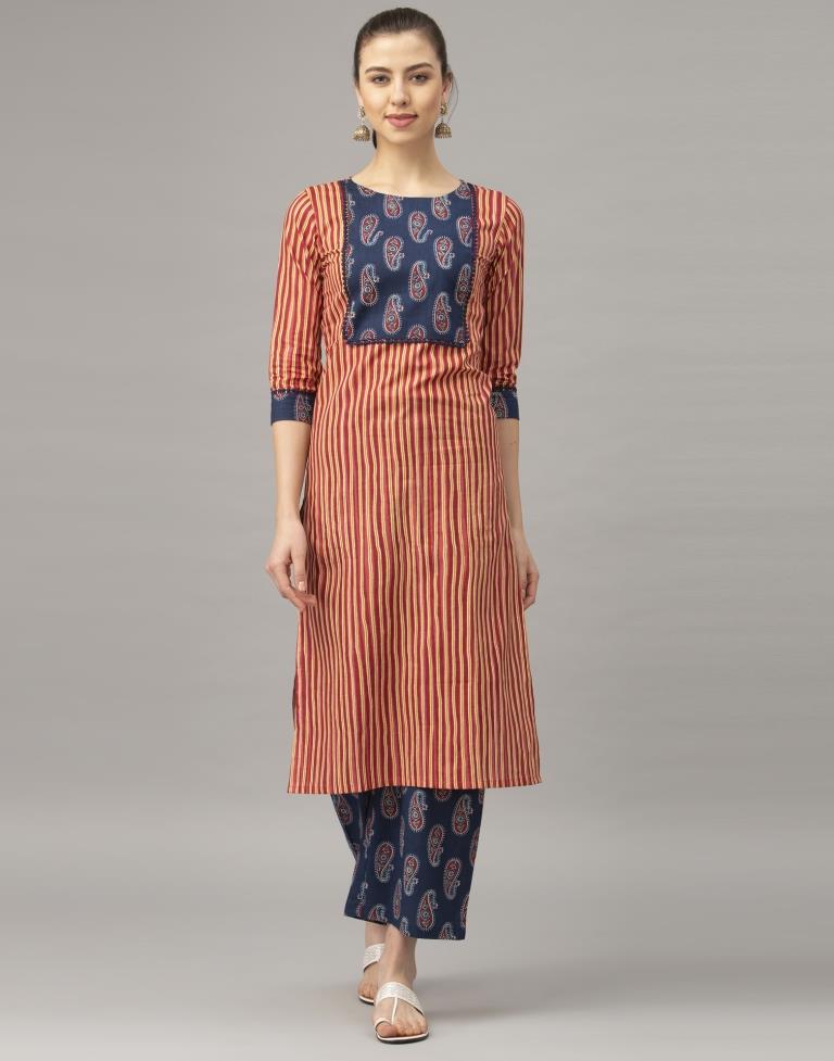 Red Stripe Coloured Cotton Blend Table Printed Kurti With Palazzo | Leemboodi