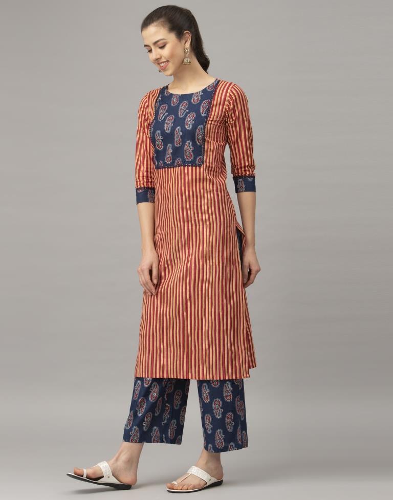 Red Stripe Coloured Cotton Blend Table Printed Kurti With Palazzo | Leemboodi