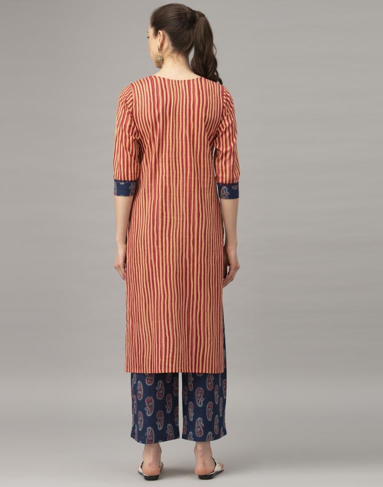 Red Stripe Coloured Cotton Blend Table Printed Kurti With Palazzo | Leemboodi