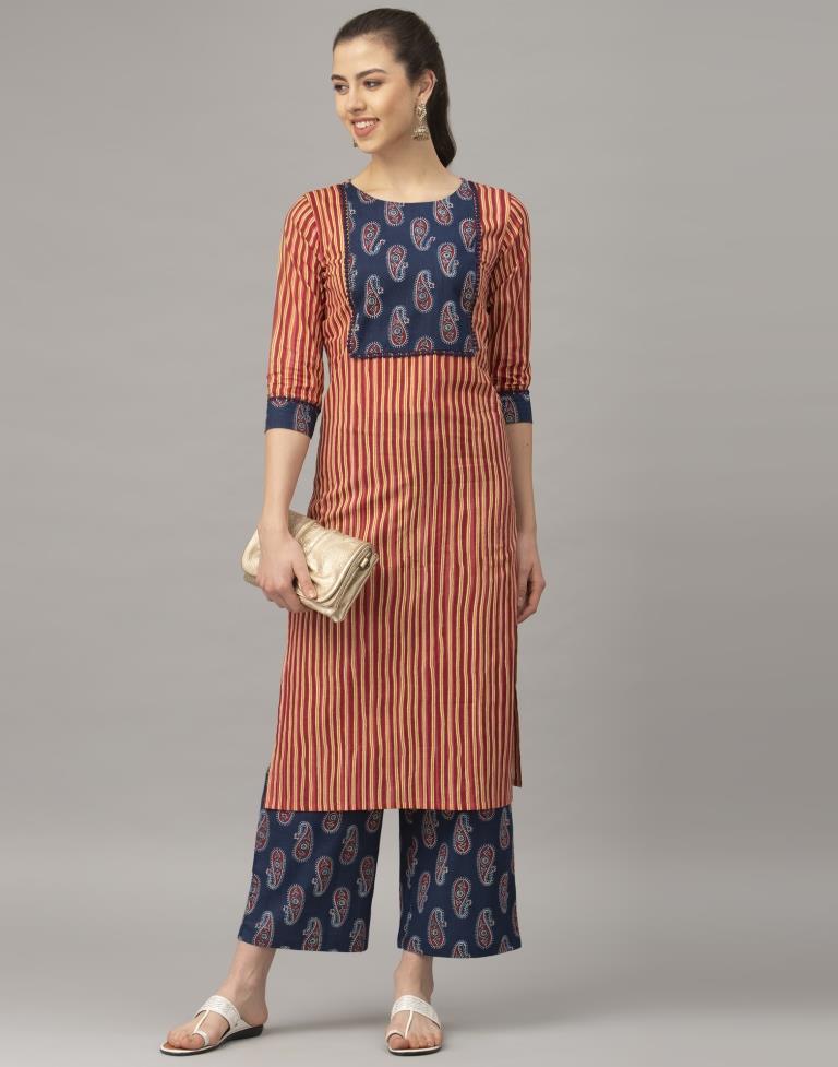 Red Stripe Coloured Cotton Blend Table Printed Kurti With Palazzo | Leemboodi